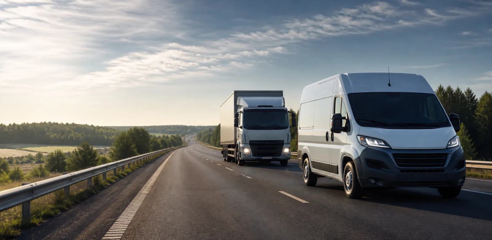 Krovininis automobilis ir siuntų mikroautobusas Europos kelyje